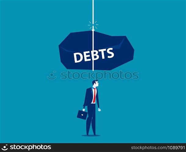 Pile of debts fall over the businessman. Concept business vector illustration.