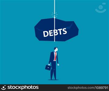 Pile of debts fall over the businessman. Concept business vector illustration.