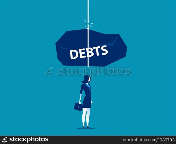Pile of debts fall over the businesswoman. Concept business vector illustration.