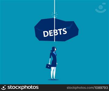 Pile of debts fall over the businesswoman. Concept business vector illustration.