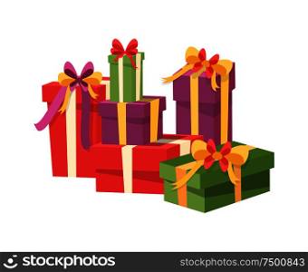 Pile of gift box icons isolated on white. Packed presents, surprise on New Year, birthday or anniversary, vector signs. Containers with surprises. Pile of Gift Box icons Isolated, Packed Presents