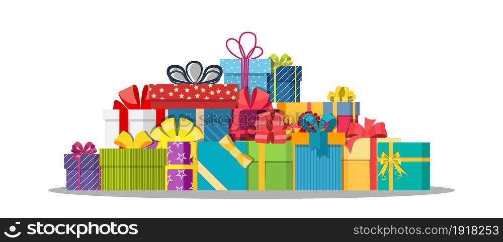 Pile of gift boxes isolated on white. Colorful wrapped. Sale, shopping. Present boxes different sizes with bows and ribbons. Collection for birthday and holiday. Vector illustration in flat style. Pile of gift boxes isolated on white.