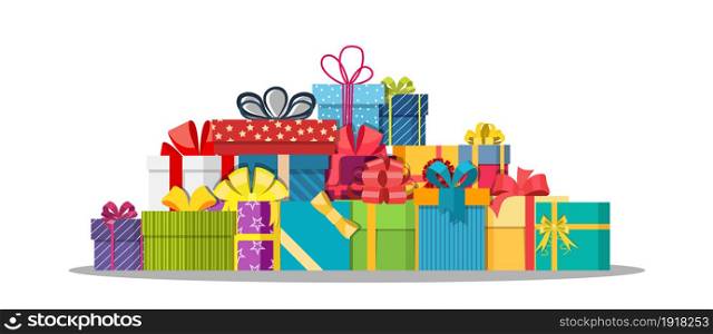 Pile of gift boxes isolated on white. Colorful wrapped. Sale, shopping. Present boxes different sizes with bows and ribbons. Collection for birthday and holiday. Vector illustration in flat style. Pile of gift boxes isolated on white.