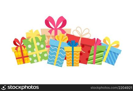 Pile of gift boxes, Presents isolated on white. Sale, shopping concept. Vector illustration in flat style. Pile of gift boxes, Presents isolated on white