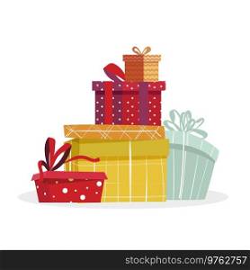 Pile of gift boxes to present at christmas or birthday. Colored cartoon present pile, container giftbox for birthday and christmas, lot surprise for greeting new year. Vector illustration. Pile of gift boxes to present at christmas or birthday