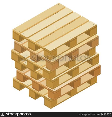 Pile of isometric pallets for packaging and transportation isolated on white. Vector illustration.. Pile of isometric pallets for packaging and transportation isolated on white.
