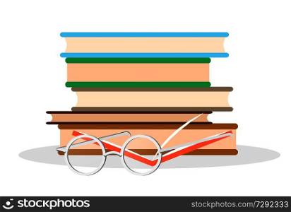 Pile of literature with color cover, open orange book and glasses flat and shadow theme vector illustration isolated on white.. Pile of Literature, Open Book and Glasses Closeup