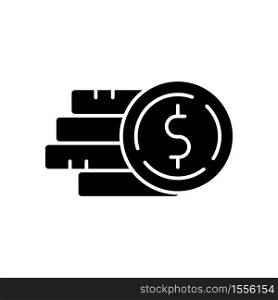 Pile of money black glyph icon. Stack of gold coins. Monetary gain. Financial operation. Bank benefit. Revenue for payment. Silhouette symbol on white space. Vector isolated illustration. Pile of money black glyph icon