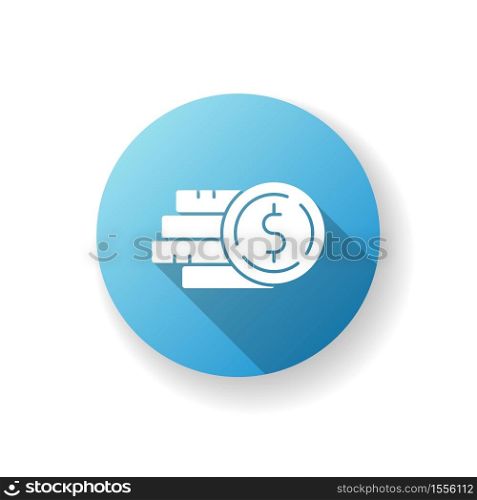 Pile of money blue flat design long shadow glyph icon. Stack of gold coins. Monetary gain. Financial operation. Bank benefit. Commercial profit. Revenue for payment. Silhouette RGB color illustration. Pile of money blue flat design long shadow glyph icon