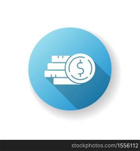 Pile of money blue flat design long shadow glyph icon. Stack of gold coins. Monetary gain. Financial operation. Bank benefit. Commercial profit. Revenue for payment. Silhouette RGB color illustration. Pile of money blue flat design long shadow glyph icon