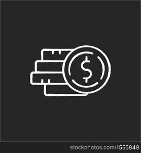 Pile of money chalk white icon on black background. Stack of gold coins. Dollar currency to pay credit. Financial operation. Bank benefit. Revenue for payment. Isolated vector chalkboard illustration. Pile of money chalk white icon on black background