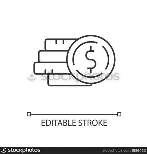 Pile of money linear icon. Stack of gold coins. Monetary gain. Financial operation. Thin line customizable illustration. Contour symbol. Vector isolated outline drawing. Editable stroke. Pile of money linear icon