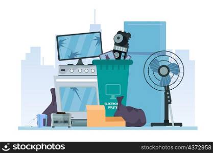 Pile of old broken appliances and electronics, e-waste dump. Destroyed devices in trash can. Electrical garbage recycle, flat vector concept. Illustration of old trash device, garbage refrigerator. Pile of old broken appliances and electronics, e-waste dump. Destroyed devices in trash can. Electrical garbage recycle, flat vector concept