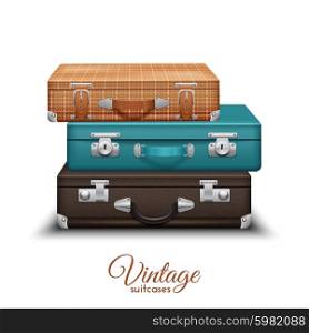 Pile of old vintage travel suitcases set realistic vector illustration. Pile Of Old Vintage Suitcases