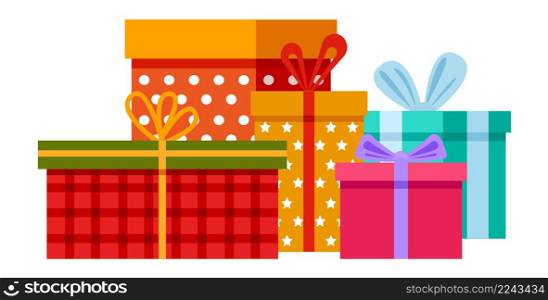 Pile of presents. Different gift boxes in colorful wrapping paper. Vector illustration. Pile of presents. Different gift boxes in colorful wrapping paper