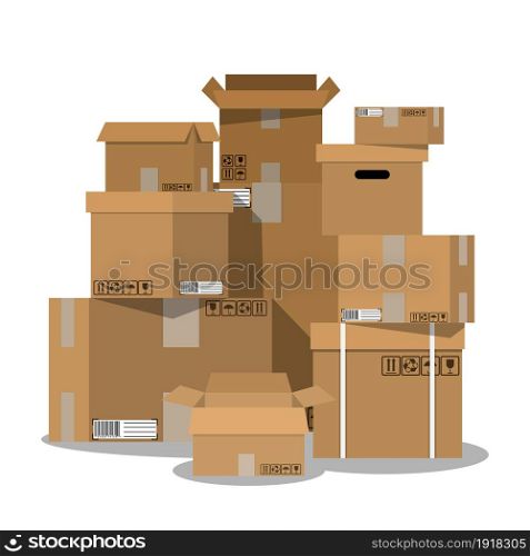 Pile of stacked sealed goods cardboard boxes. vector illustration in flat style. Pile of stacked sealed cardboard boxes.