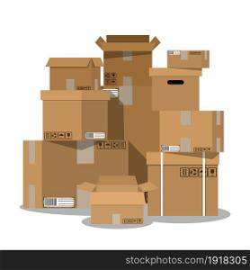 Pile of stacked sealed goods cardboard boxes. vector illustration in flat style. Pile of stacked sealed cardboard boxes.
