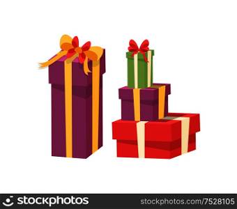 Pile of vector packages in decorative paper, shopping packs with surprise inside, purple green red containers with bow. Christmas presents wrapped in gift boxes on white background. Pile of Vector Wrapped Packages, Shopping Packs