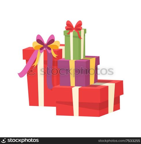 Pile of vector packages in decorative paper, shopping packs with surprise inside, purple green red containers with bow. Christmas presents wrapped in gift boxes. Pile of Vector Wrapped Packages, Shopping Packs