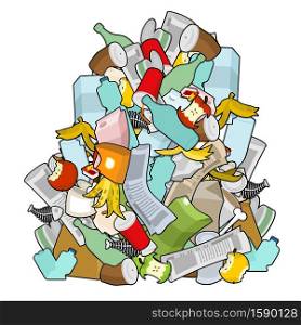 Pile Rubbish. Garbage heap isolated. Stack trash. litter background. peel from banana and stub. Tin and old newspaper. Bone and packaging. Crumpled paper and plastic bottle