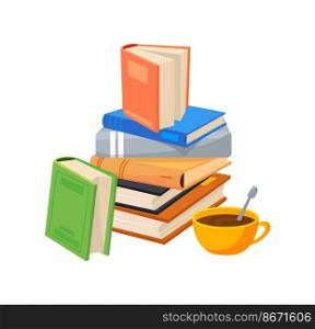 Pile textbooks collection. Book for work or hobby with coffee cup, cartoon vector isolated on white background. Pile textbooks collection. Book for work or hobby with coffee cup, cartoon vector