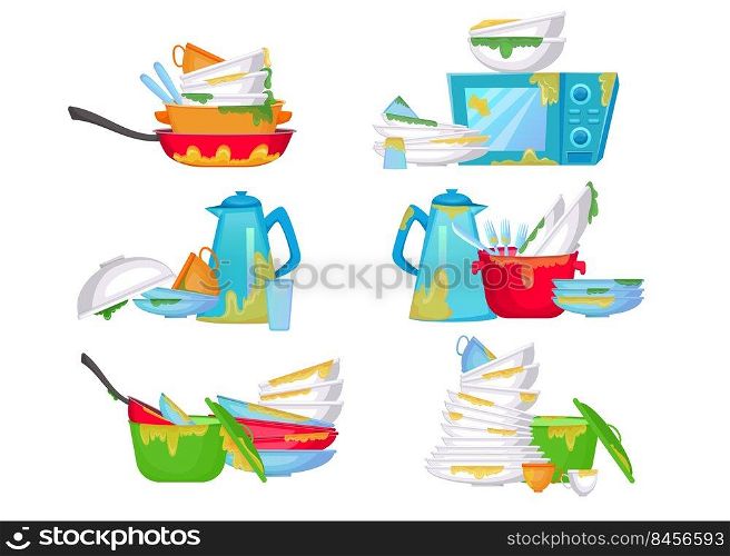 Piles of dirty dishes vector illustrations set. Stacks of plates and cups with pieces of food, greasy kitchenware or utensils isolated on white background. Kitchen, household, chores, cleaning concept