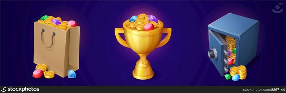 Piles of gold coins and gemstones in golden cup, deposit box and paper bag. Game icons of treasure, trophy with goblet and shopping bag full of crystals and golden money, vector cartoon set. Piles of gold coins and gemstones in cup, safe