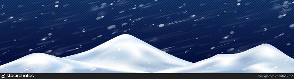 Piles of snow in winter storm png, realistic 3D illustration on transparent background. Windy frosty weather with blurred snowflakes flying in air. Panoramic North Pole landscape. Christmas fairy tale. Piles of snow in winter storm png, 3D illustration
