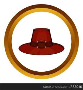Piligrim hat vector icon in golden circle, cartoon style isolated on white background. Piligrim hat vector icon