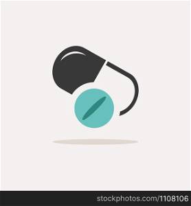 Pill and capsule. Icon with shadow on a beige background. Pharmacy flat vector illustration