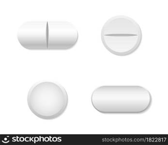 Pill and capsule. White round tablet. Realistic medicine for healthy. Pill of aspirin. Drug and vitamin isolated on white background. Pharmacy capsule of antibiotic or painkiller. Medical icon. Vector. Pill and capsule. White round tablet. Realistic medicine for healthy. Pill of aspirin. Drug, vitamin isolated on white background. Pharmacy capsule of antibiotic or painkiller. Medical icon. Vector.