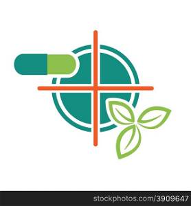 Pill and green leaves on target symbol as natural ingradient pharmacy health concept vector illustration.
