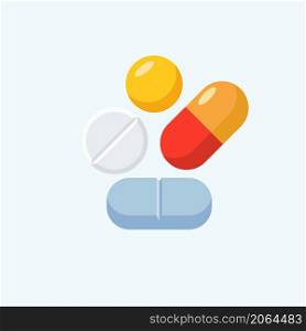Pill and tablet vector illustration, flat cartoon style of medicine drugs closeup