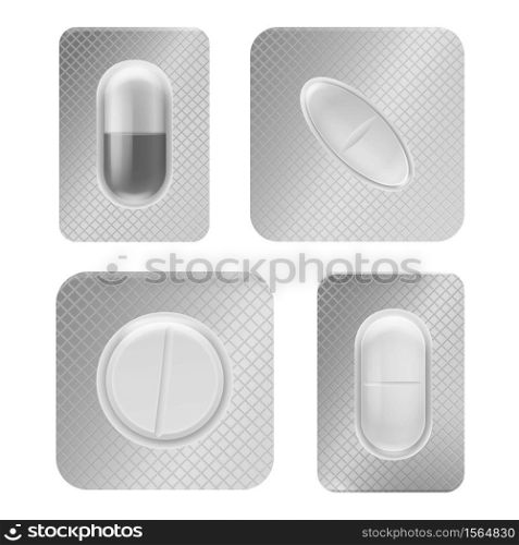 Pill blister pack. Realistic medical tablet individually packed, vitamin capsule in plastic container front view, antibiotic or painkiller pharmacy drugs packaging vector isolated template. Pill blister pack. Realistic medical tablet individually packed, vitamin capsule in plastic container front view, pharmacy drugs packaging vector isolated template