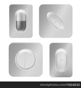 Pill blister pack. Realistic medical tablet individually packed, vitamin capsule in plastic container front view, antibiotic or painkiller pharmacy drugs packaging vector isolated template. Pill blister pack. Realistic medical tablet individually packed, vitamin capsule in plastic container front view, pharmacy drugs packaging vector isolated template