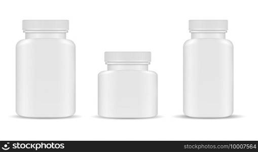 Pill bottle. Plastic supplement container blank. vector pill jar, pharmaceutical capsule package mockup, medical tablet template. Health medicament packaging, big and small can for antibiotic cure. Pill bottle. Plastic supplement container blank