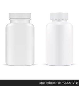 Pill bottle. Plastic supplement container vitamin capsule jar isolated, 3d mockup. Medical tablet product template. Prescription medication packaging design. Pillbox, antibiotic cure. Medicine package. Pill bottle. Plastic supplement container vitamin