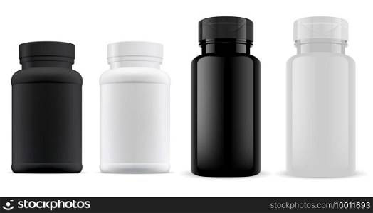 Pill bottle. Supplenment jar plastic 3d vector blank, medicine capsule container mockup. Supplement bottle, pharmacy drug can black and white template, pill jar. Antibiotic drugs canister set. Pill bottle. Supplenment jar plastic vector blank