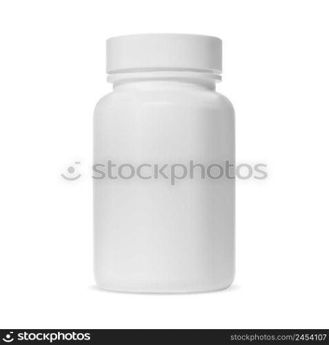 Pill bottle. White medicine supplement jar, isolated vector. Aspirin capsule box template. Medical antibiotic tablet bottle, drug medicament. Relistic pharmaceutical container on white background. Pill bottle. White medicine supplement jar, vector