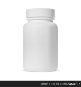 Pill bottle. White medicine supplement jar, isolated vector. Aspirin capsule box template. Medical antibiotic tablet bottle, drug medicament. Relistic pharmaceutical container on white background. Pill bottle. White medicine supplement jar, vector