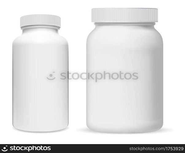 Pill bottle. White plastic supplement jar. Protein bottle mock up, vitamin capsule packaging, large powder jar blank. medical remedy cylinder jar, aspirin medication tablets, pharmaceutical drug can. Pill bottle. White plastic supplement jar. Protein