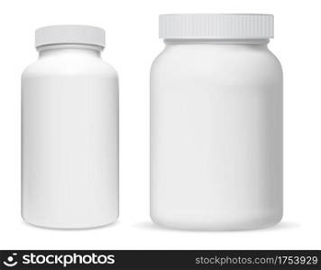 Pill bottle. White plastic supplement jar. Protein bottle mock up, vitamin capsule packaging, large powder jar blank. medical remedy cylinder jar, aspirin medication tablets, pharmaceutical drug can. Pill bottle. White plastic supplement jar. Protein