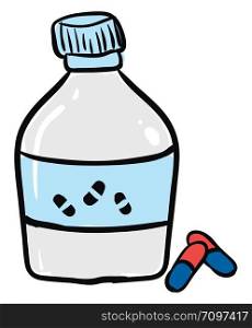 Pill bottle with two pills, illustration, vector on white background.