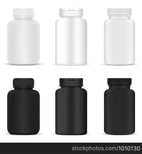 Pill Bottles Mockup Set. Medicine Tablet Plastic Container. Pharmaceutical Drug Jar. Round Blank Pakage for Supplenment, Tab in Black and White. 3d Vector Realistic Packaging Closup. Medical Cylinder.. Pill Bottles Mockup Set. Medicine Tablet Container