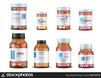 Pill bottles. Realistic medical glass containers with plastic caps pills and labels, 3D drugs and medical supplements. Vector illustration medication drugs mockup set. Pill bottles. Realistic medical glass containers with plastic caps pills and labels, 3D drugs and medical supplements. Vector mockup set