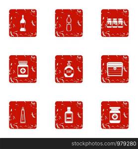 Pill icons set. Grunge set of 9 pill vector icons for web isolated on white background. Pill icons set, grunge style