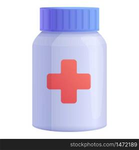 Pill jar first aid kit icon. Cartoon of pill jar first aid kit vector icon for web design isolated on white background. Pill jar first aid kit icon, cartoon style