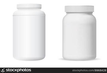 Pill jar. Vitamin supplement package. Capsule tablet can, prescription pharmacy product design. Round sport supplement or powder jar closeup. Cylinder bottle design for medication drugs. Pill jar. Vitamin supplement package. Capsule can