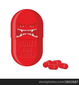 Pill of anger. Red Tablet with a scary face. Medicine with for ferocity. Vector illustration.