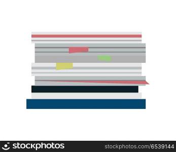 Pill of Papers Vector Illustration. Stack of papers. Large number of business documents with bookmarks. Paper work, office routine, bureaucracy concept in flat design. Illustration for data, e-mail, management, services